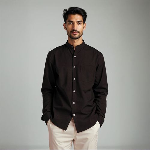 Men's Linen Mandarin Collar Shirt - Black
