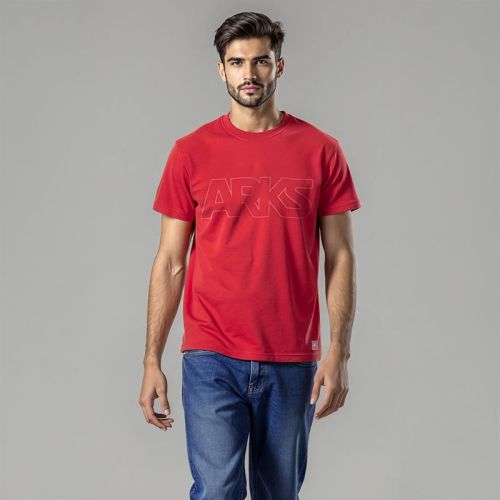 Men's French Terry Printed Round Neck T-Shirt - Red