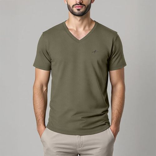 Men's Cotton Jersey V-Neck Tshirt - Olive