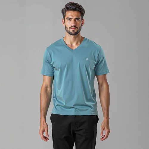 Men's Cotton Jersey V-Neck Tshirt - Teal