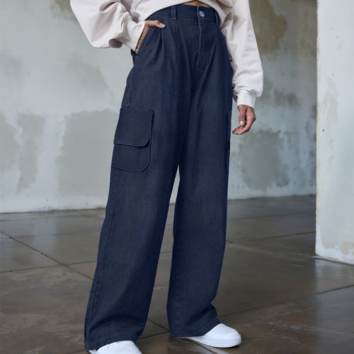 Women's Denim Loose Fit Cargo - Mid Blue