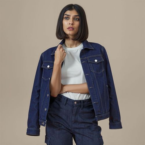 Women's Denim Biker Jacket - Navy Blue
